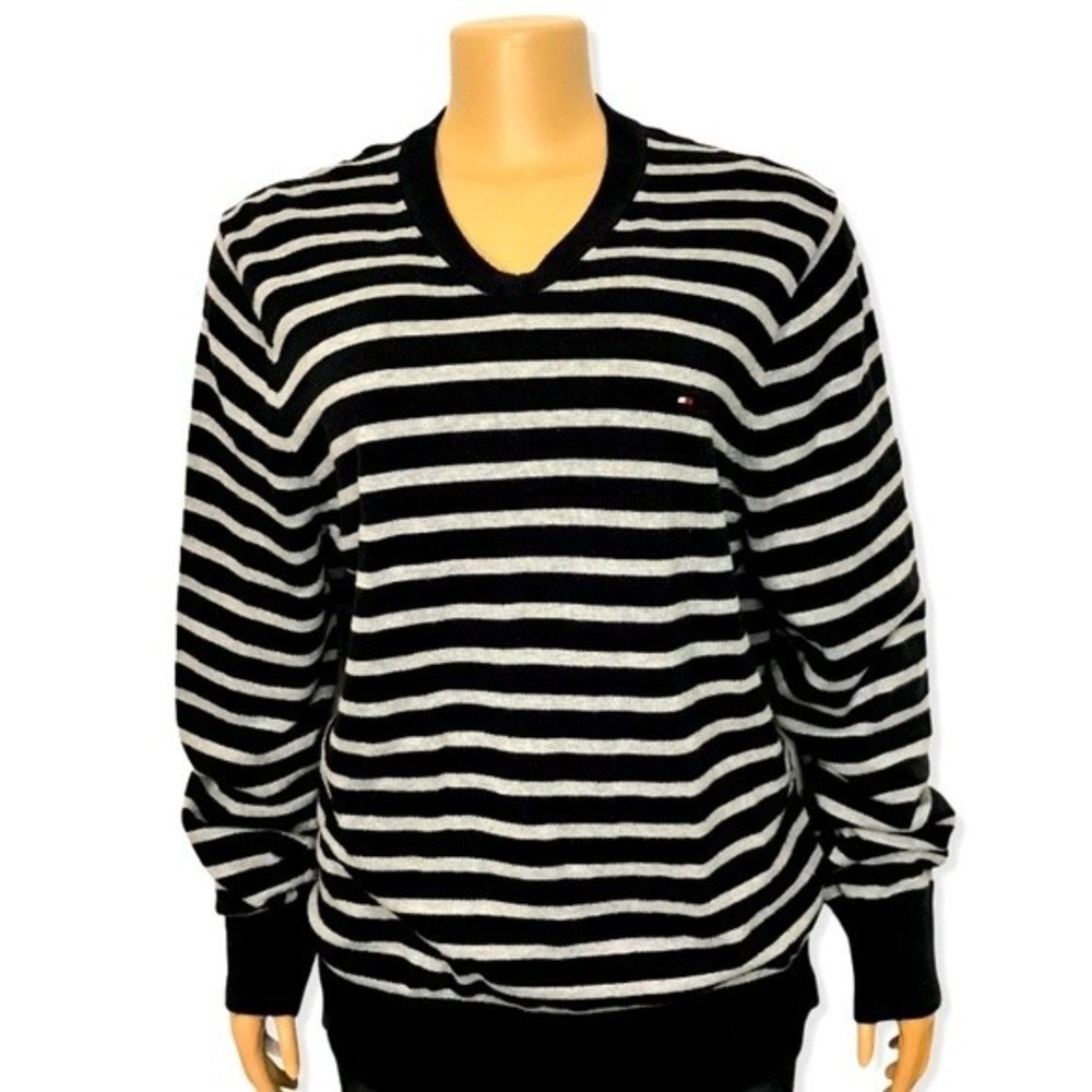 90s Tommy Hilfiger Sweater Striped Preppy V Neck pullover Blue and white size L